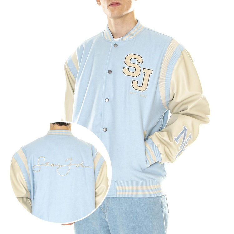 M' SJ Script Logo College Jacket Light Blue / Light Sand - Giacca Uomo Blu / Beige 6085200/231-01  SEAN JOHN 