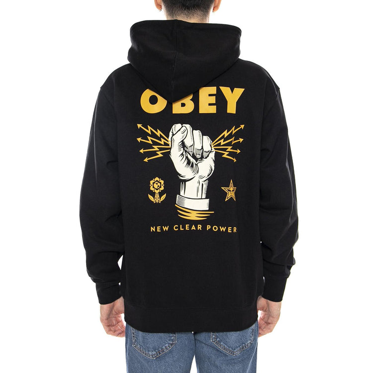 Obey New Clear Power Hood Fleece Black -- Felpa con Cappuccio Uomo Nera 117463779 BLK OBEY 