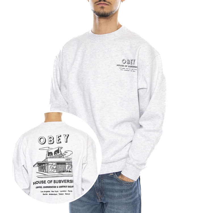 OBEY House of Subversion Fleece Heather Grey -- Felpa Girocollo Uomo Grigia 112864195 HEA OBEY 