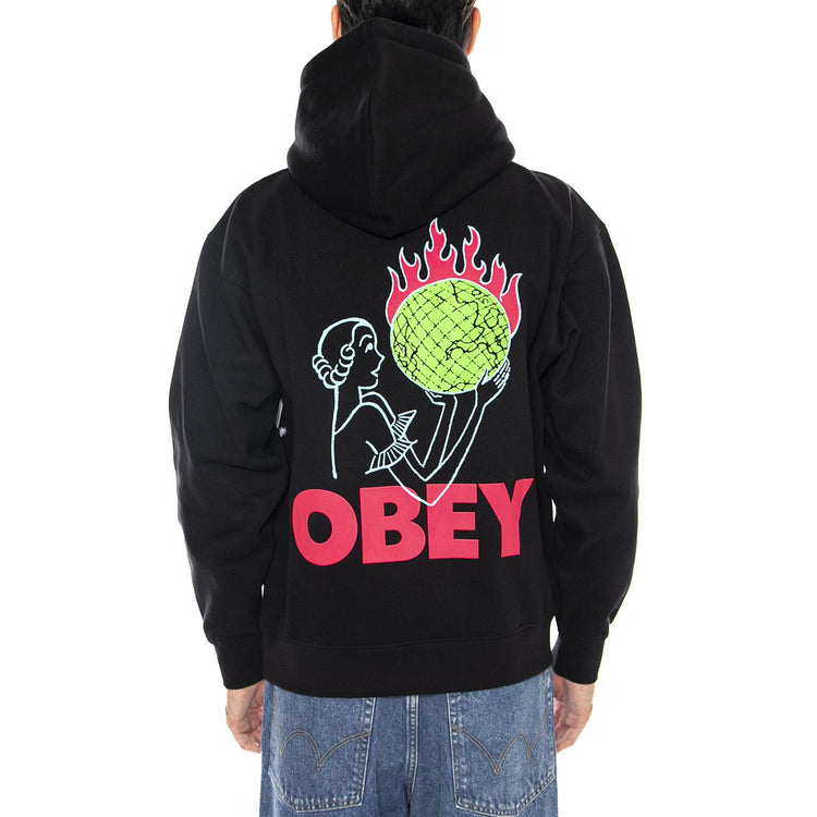 OBEY World In Flames Fleece Black - Felpa con Cappuccio Uomo Nera 112844236 BLK OBEY 