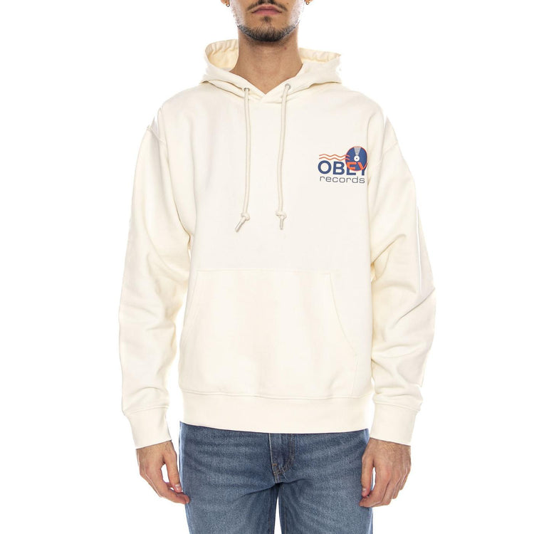 Obey Records Sound Waves Fleece Unbleached -- Felpa con Cappuccio Uomo Beige Naturale 117464050 UBL OBEY 